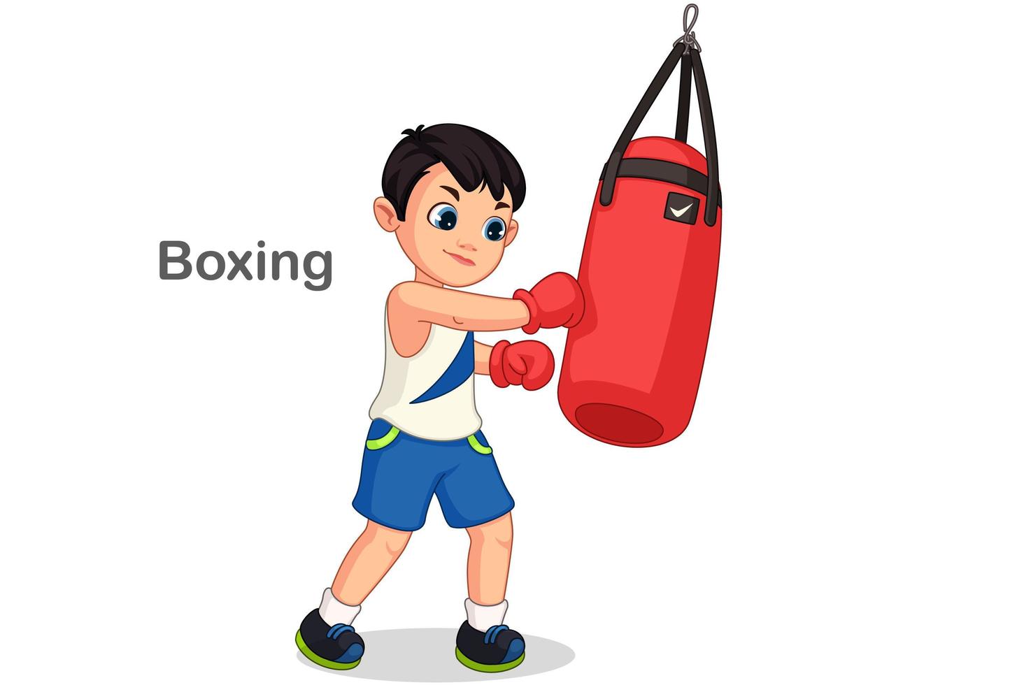 niño de boxeo con saco de boxeo vector