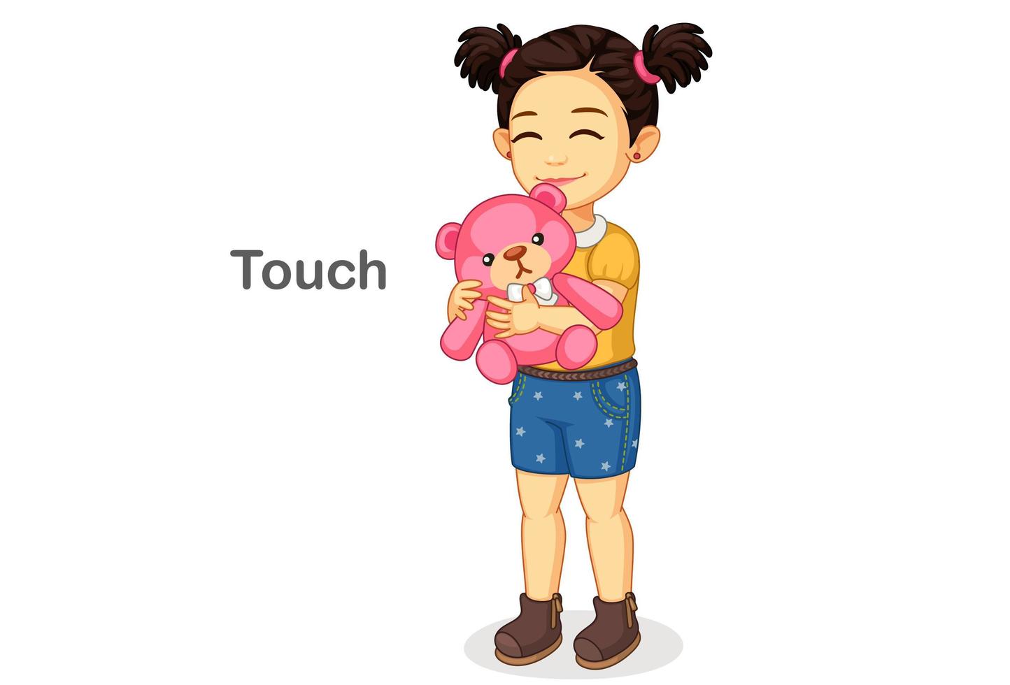 Girl holding a teddy showing touch sense vector