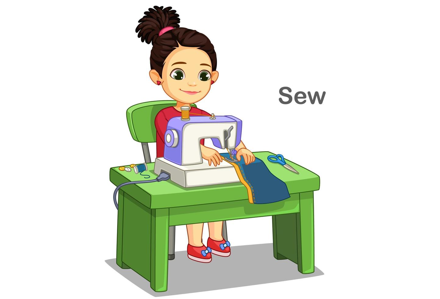 Cute little girl sewing clothes by sewing machine vector