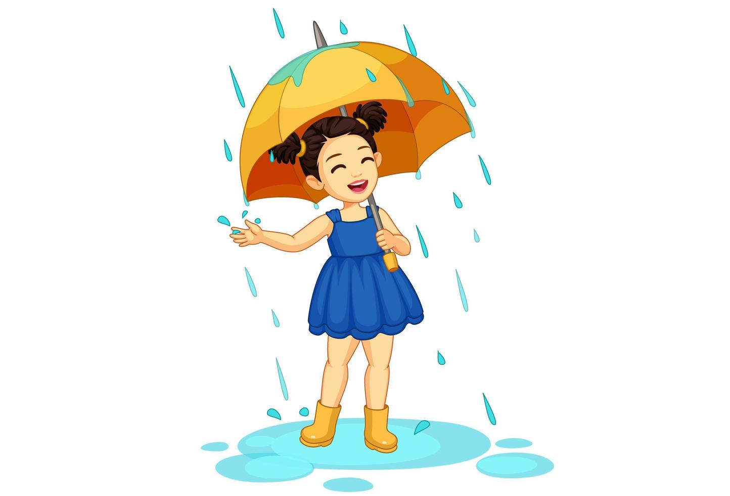 linda niña con paraguas disfrutando de la lluvia vector