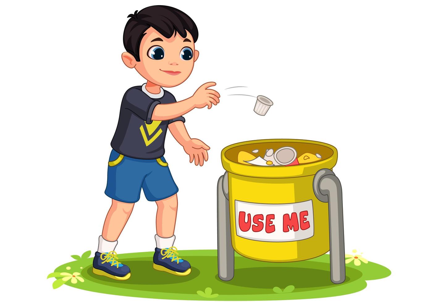 Niño tirando basura en la ilustración de vector de cubo de basura