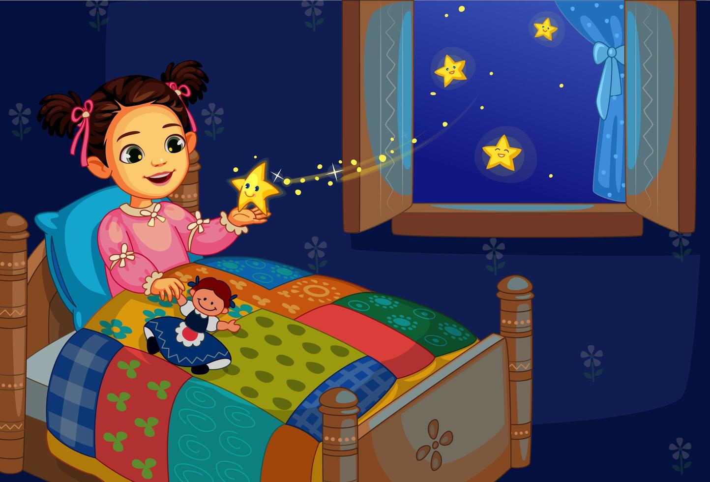 Girl in the bed playing with twinkle star vector