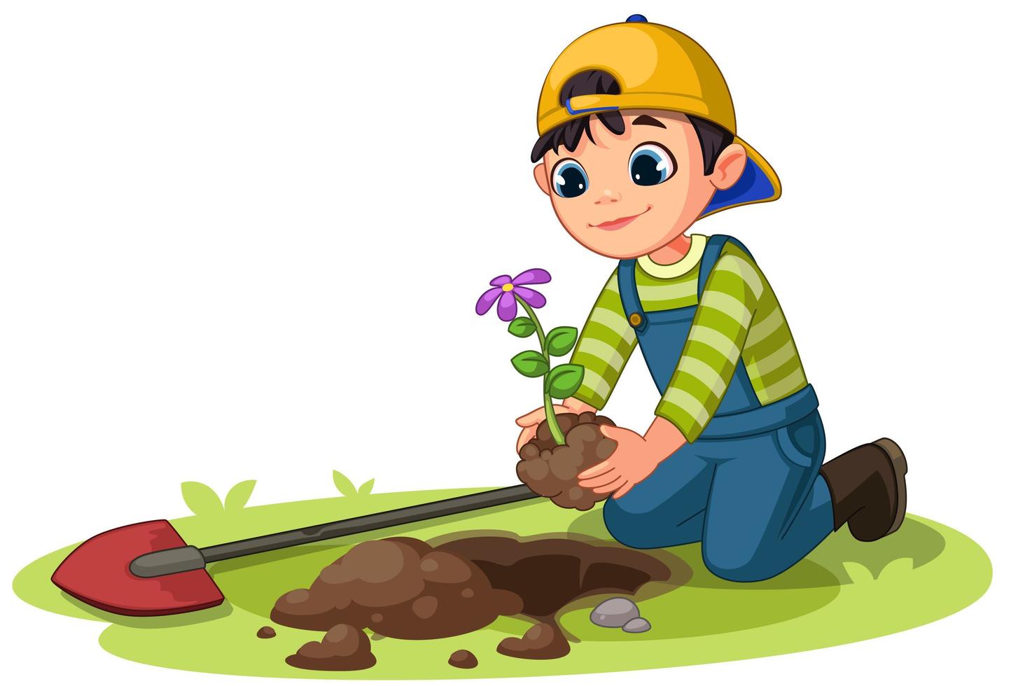 Little boy planting small flower plant in the garden vector