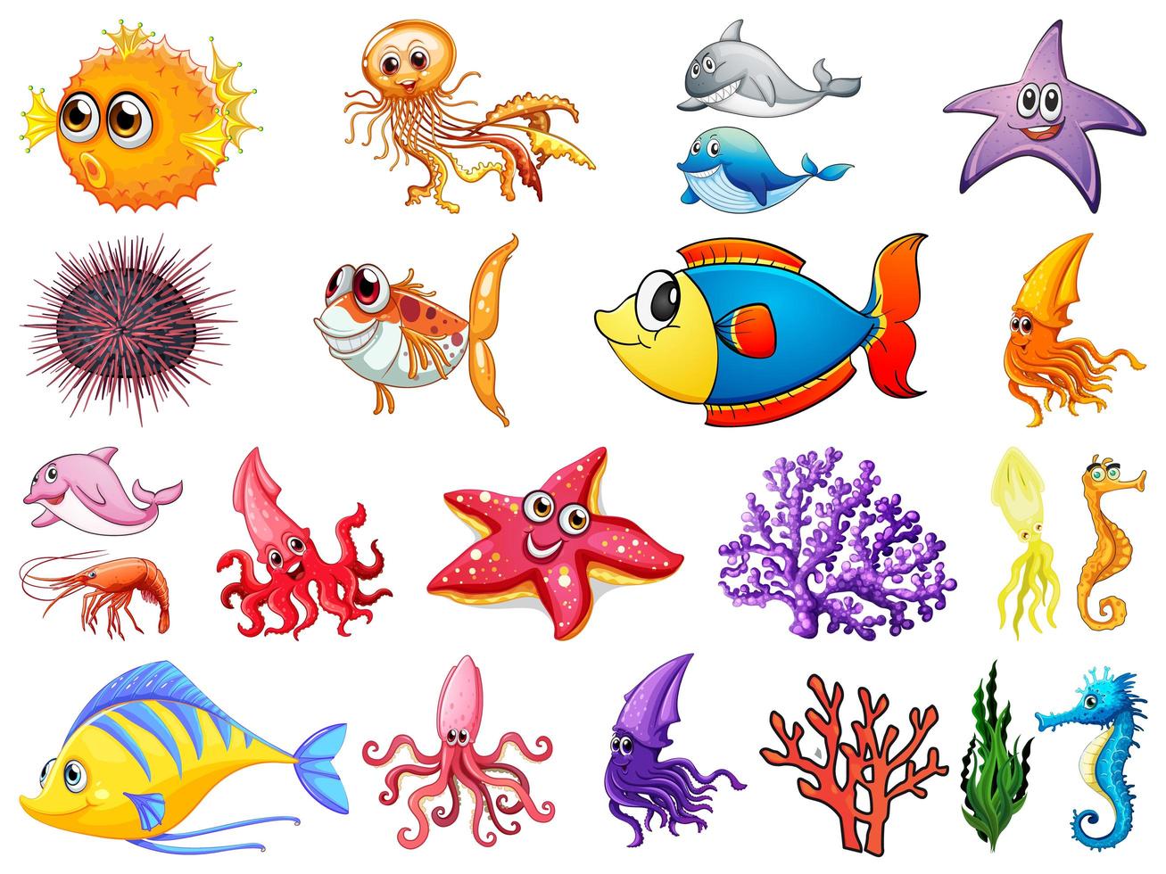 Large Set of Sea Creatures on White Background vector