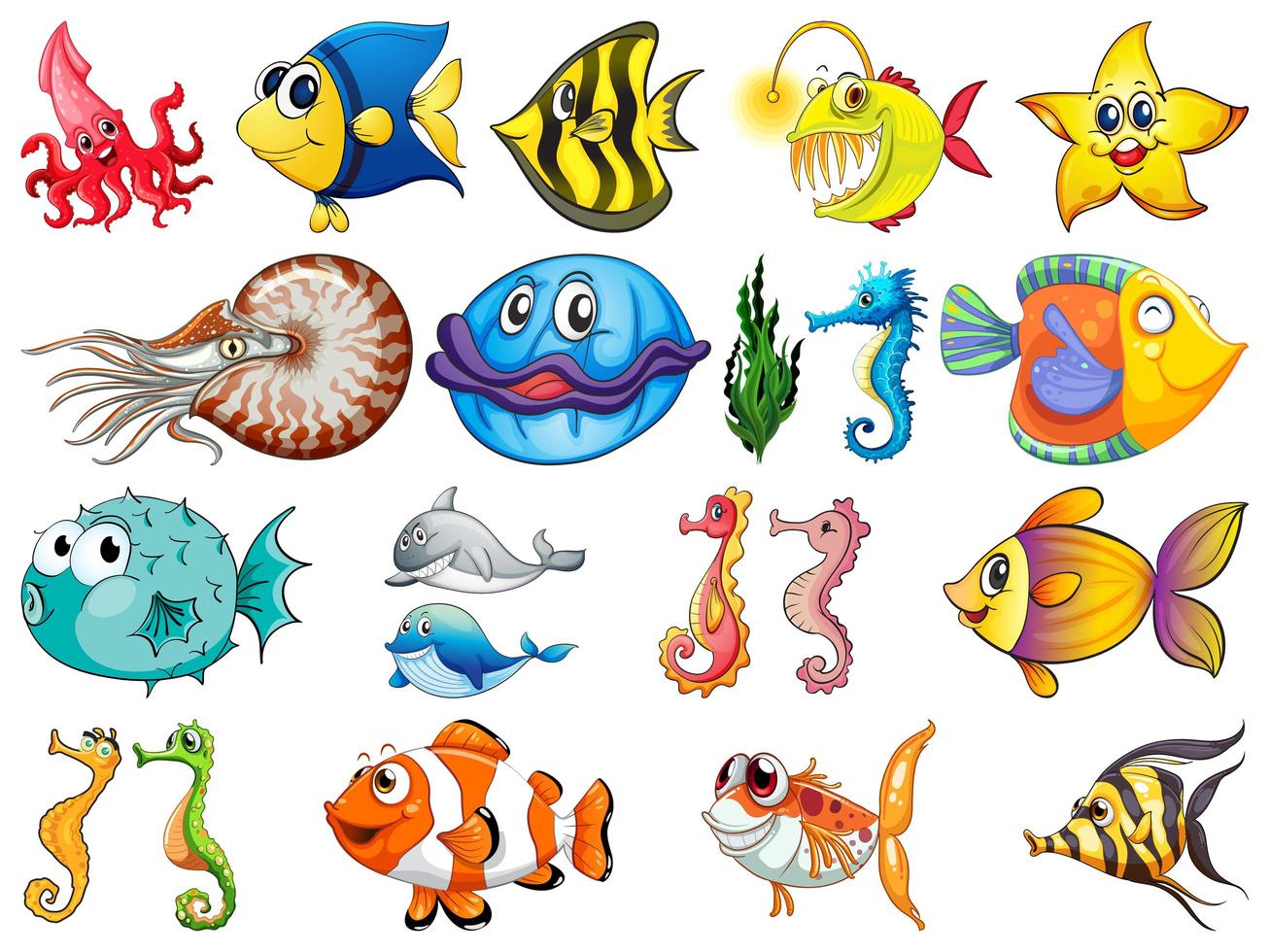 Large Set of Sea Creatures on White Background vector