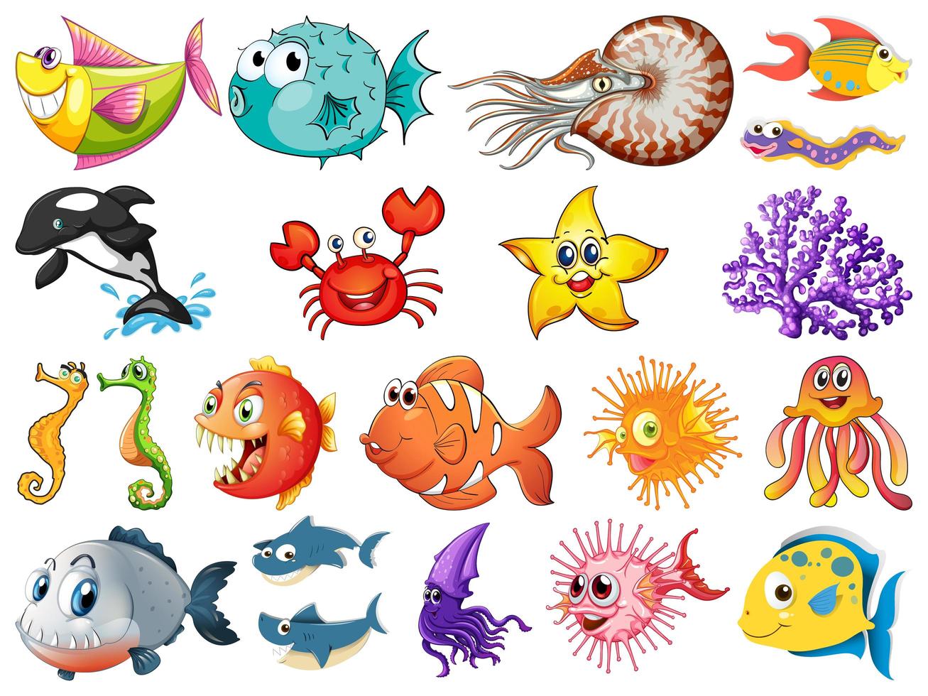 Large Set of Sea Creatures on White Background vector