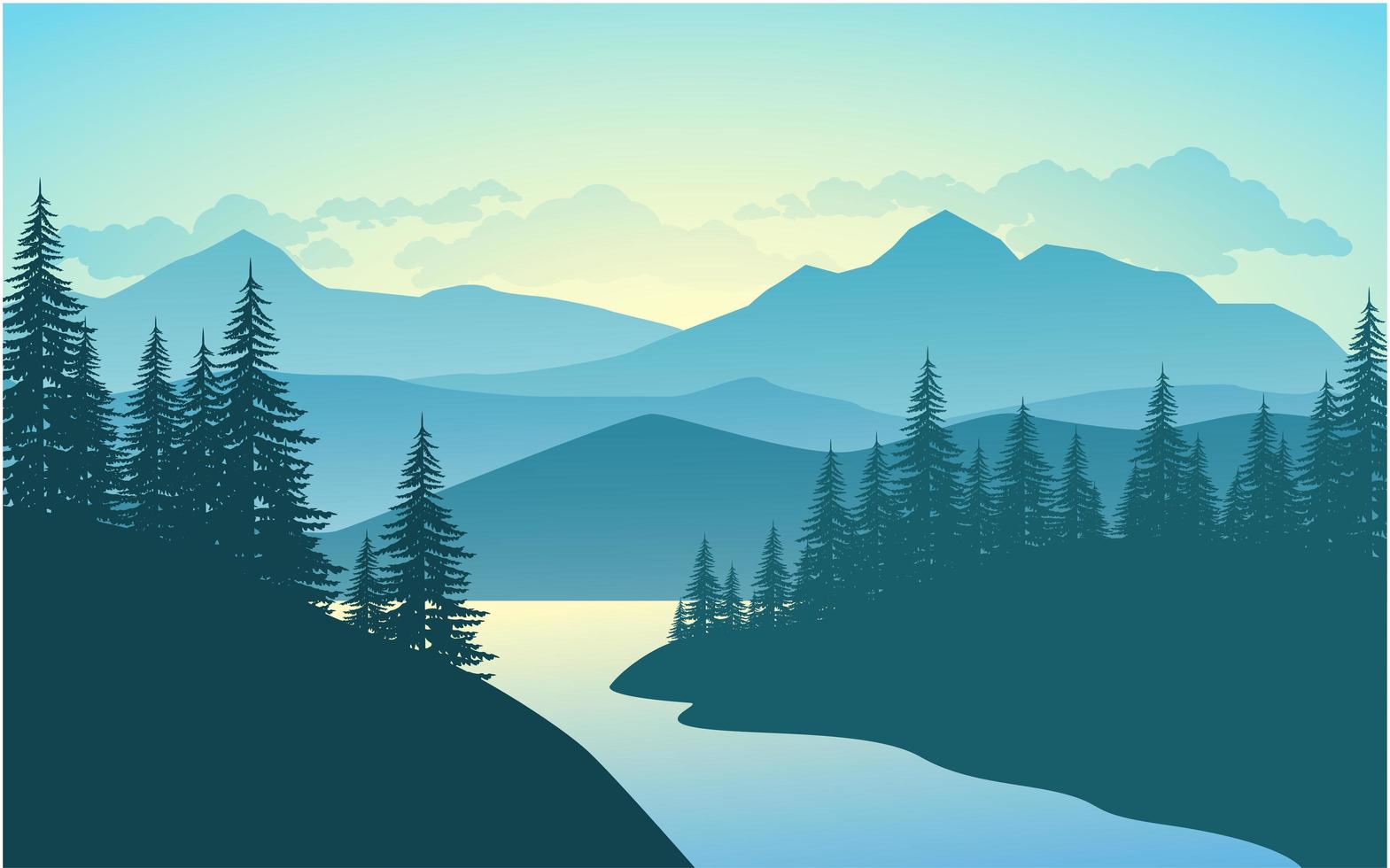 bosque de montaña al amanecer vector