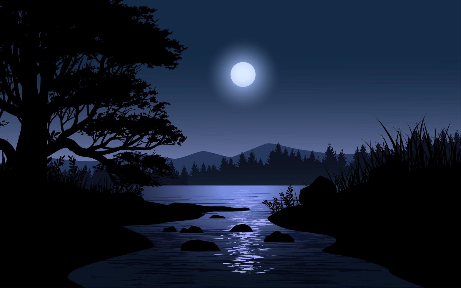 Night scene with moon over river landscape vector