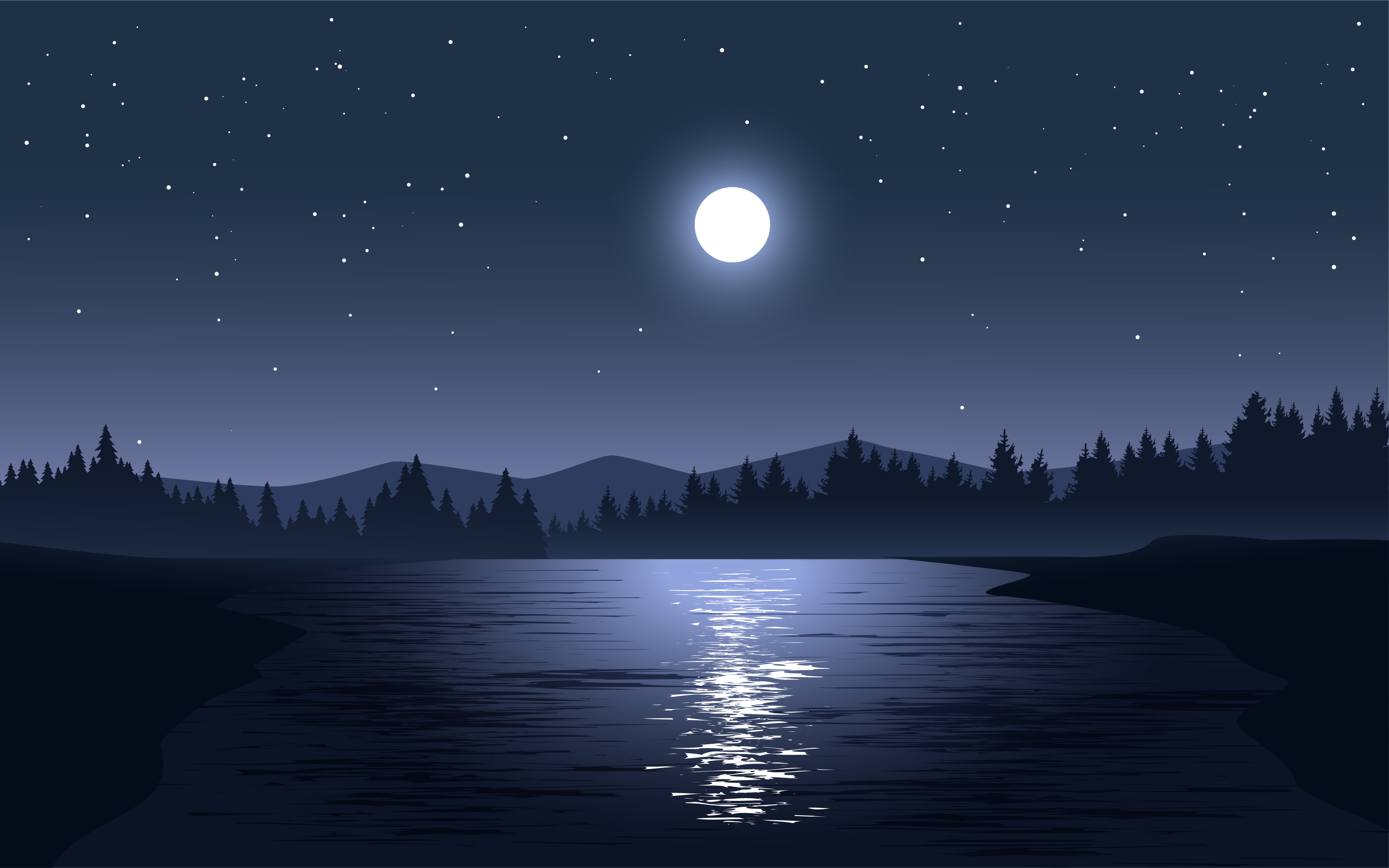 Moonlight Reflecting On Lake Landscape Vector Art At Vecteezy