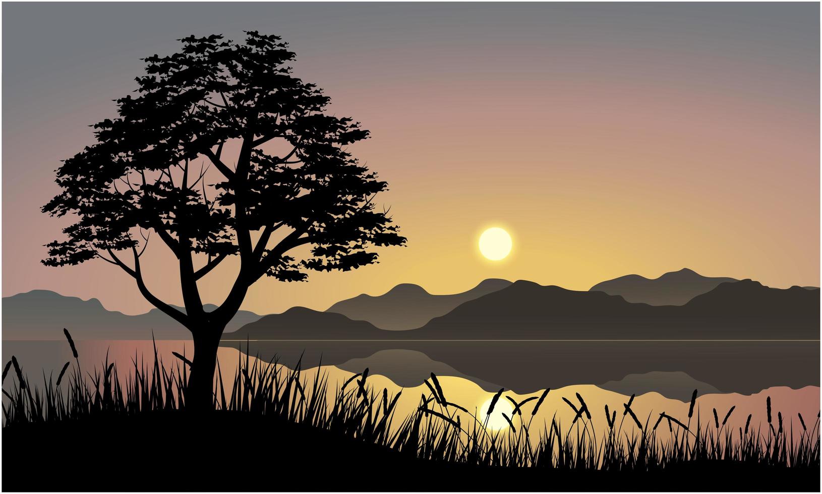 Sunset reflecting on water over mountains landscape vector