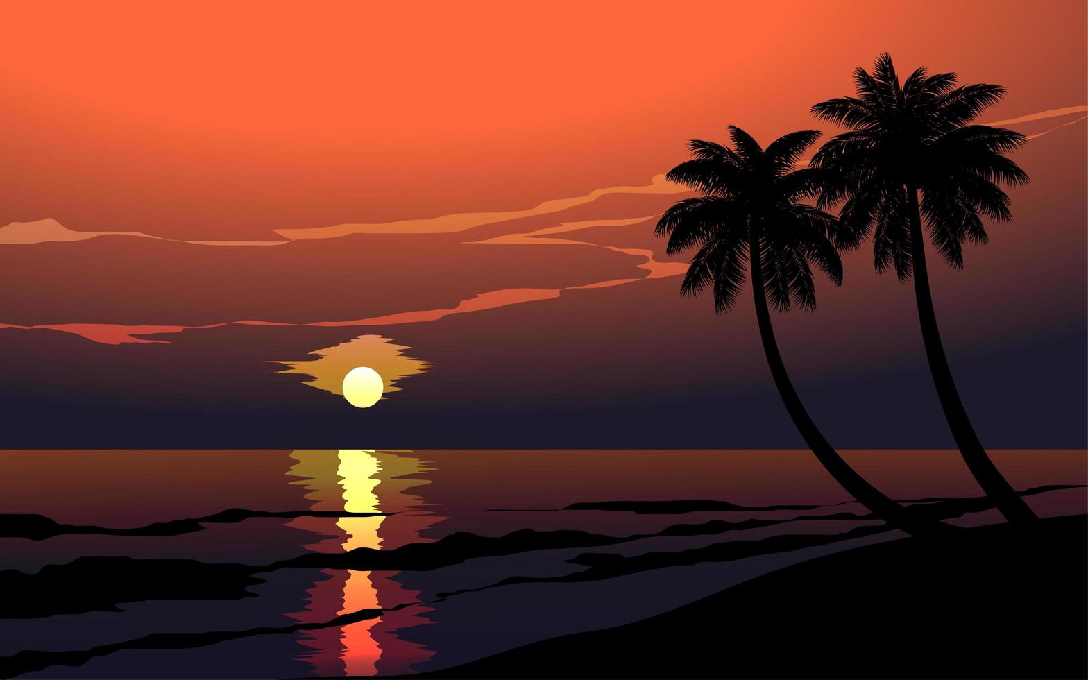 hermosa playa puesta de sol con palmeras vector