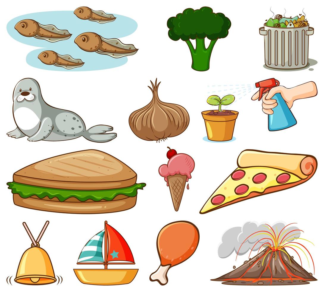 Large Set of Different Food and Other Items on White vector