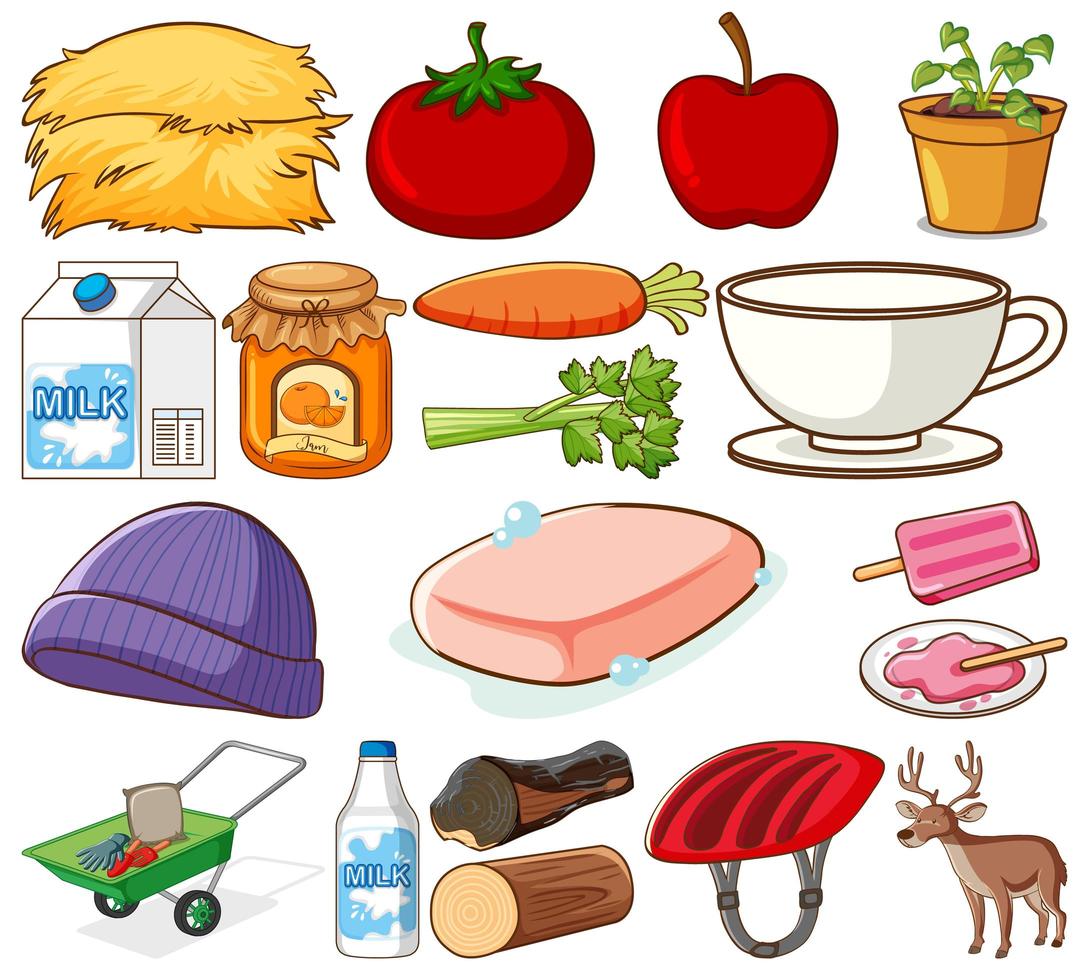 Large Set of Different Food and Other Items on White vector