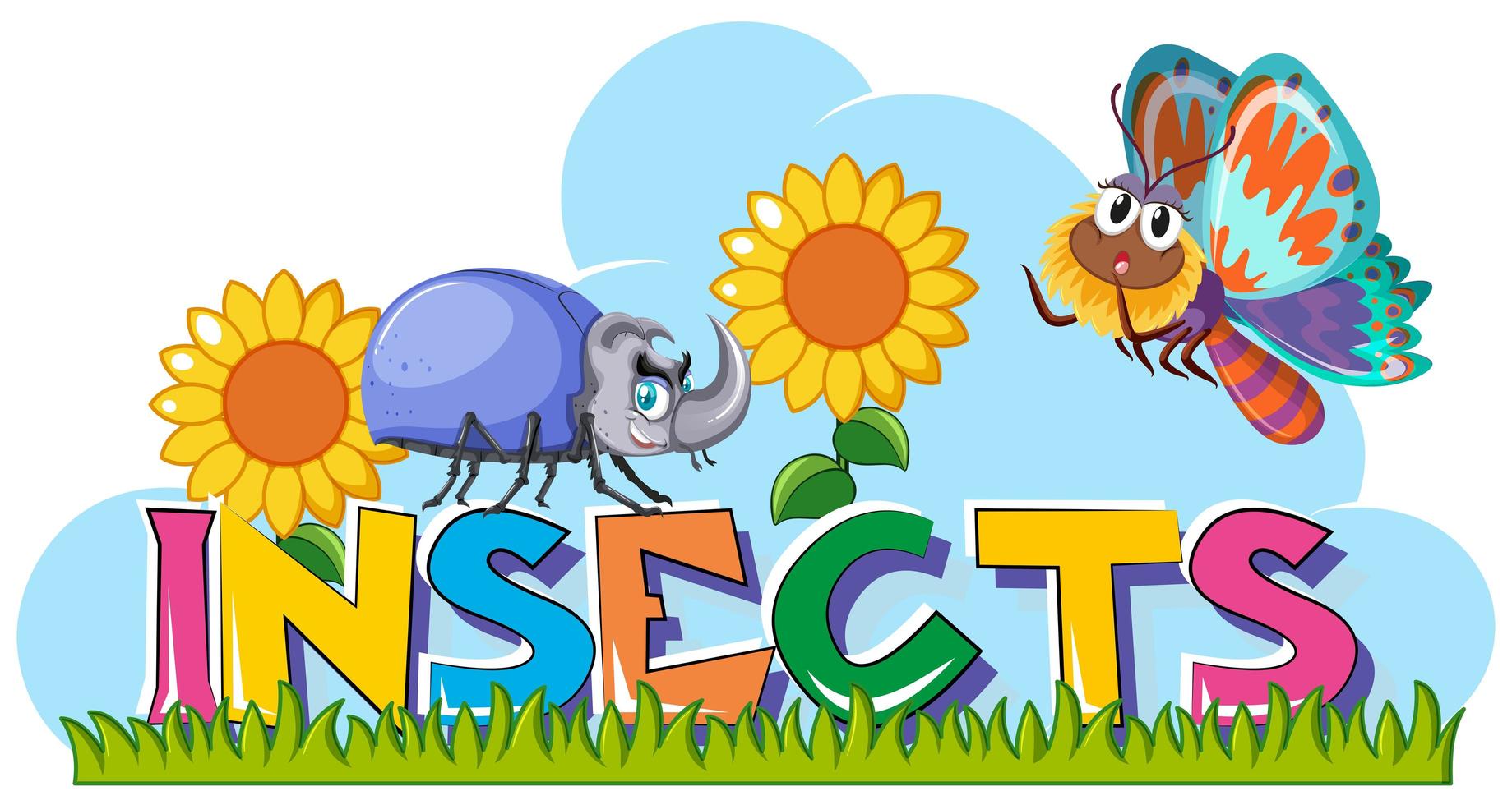 Word insects with beetle and butterfly in garden vector