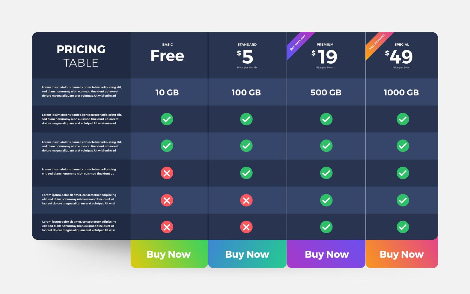 Table design price list package vector