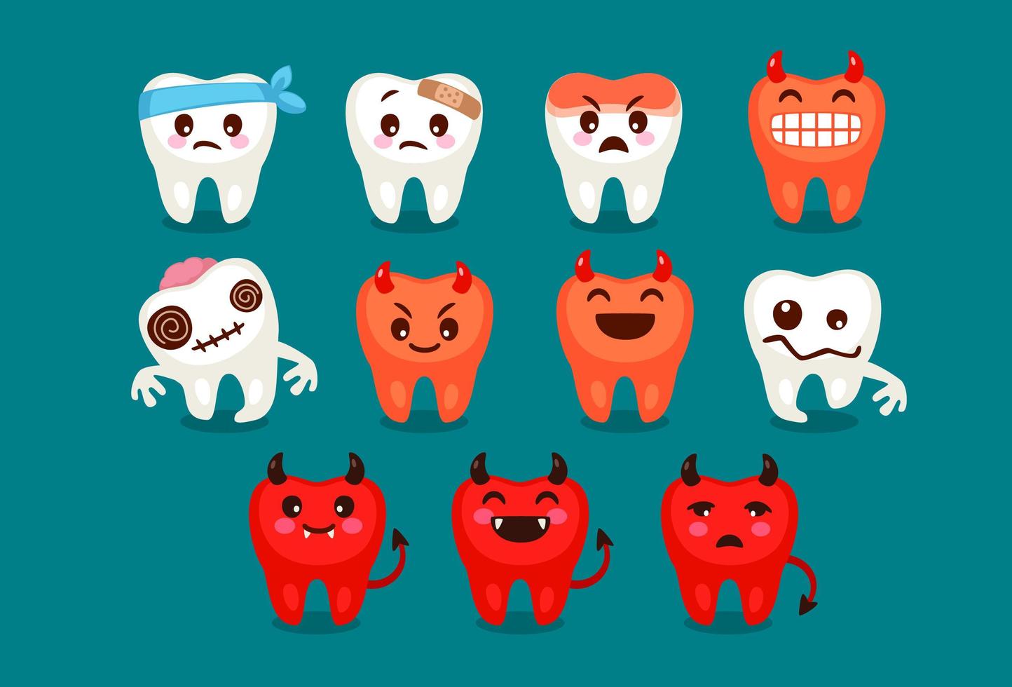 Set of cute and devilish tooth emojis vector