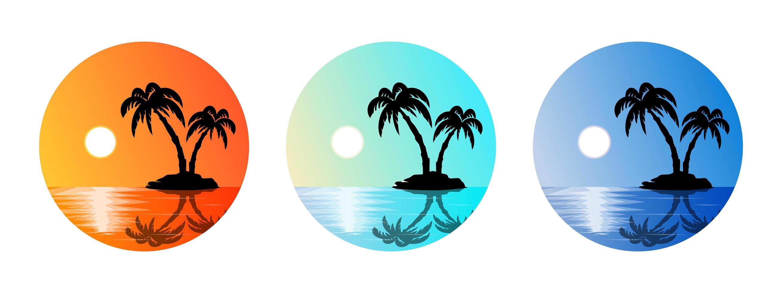 conjunto de etiquetas de verano playa, palmeras, puesta de sol vector