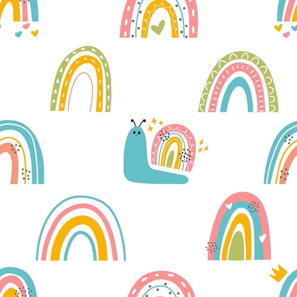 Cute snails with rainbows seamless pattern vector