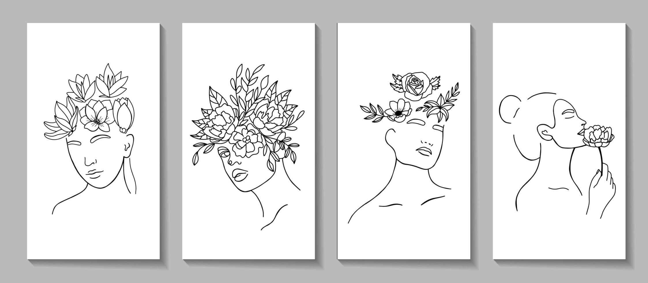 Set of linear woman portraits for posters or stories vector