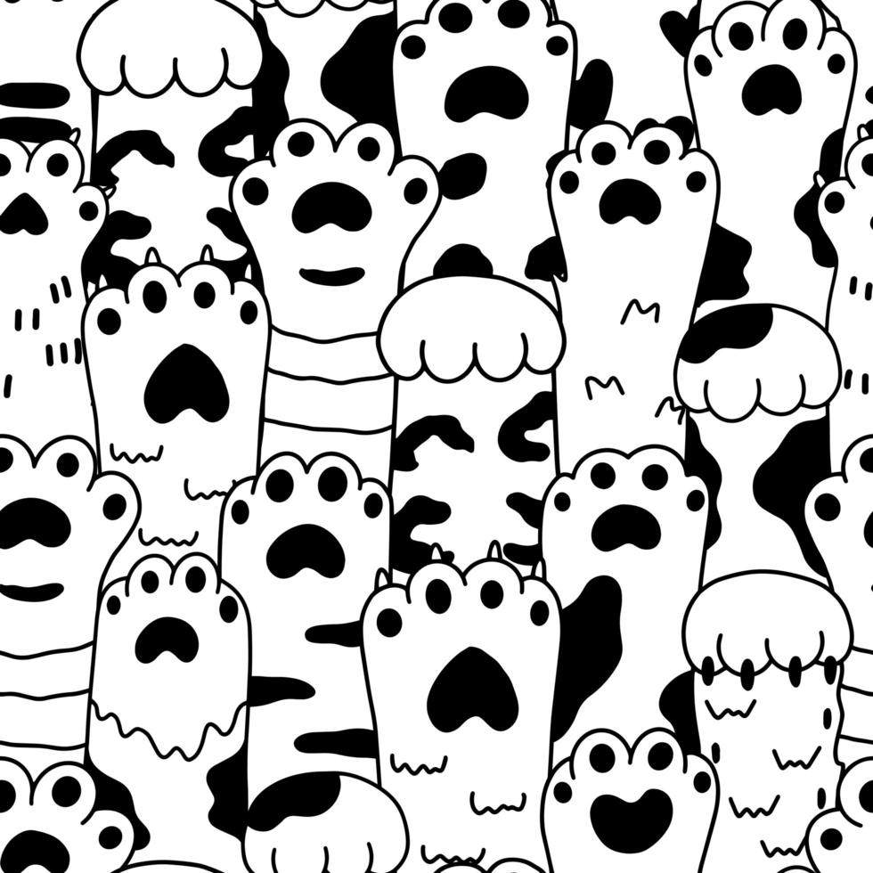 Cute cartoon black and white paw sketch seamless pattern vector