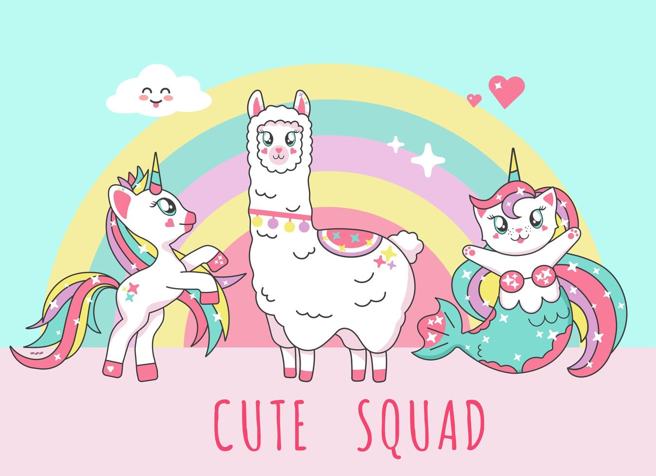 lindo escuadrón unicornio con gato sirena y llama vector