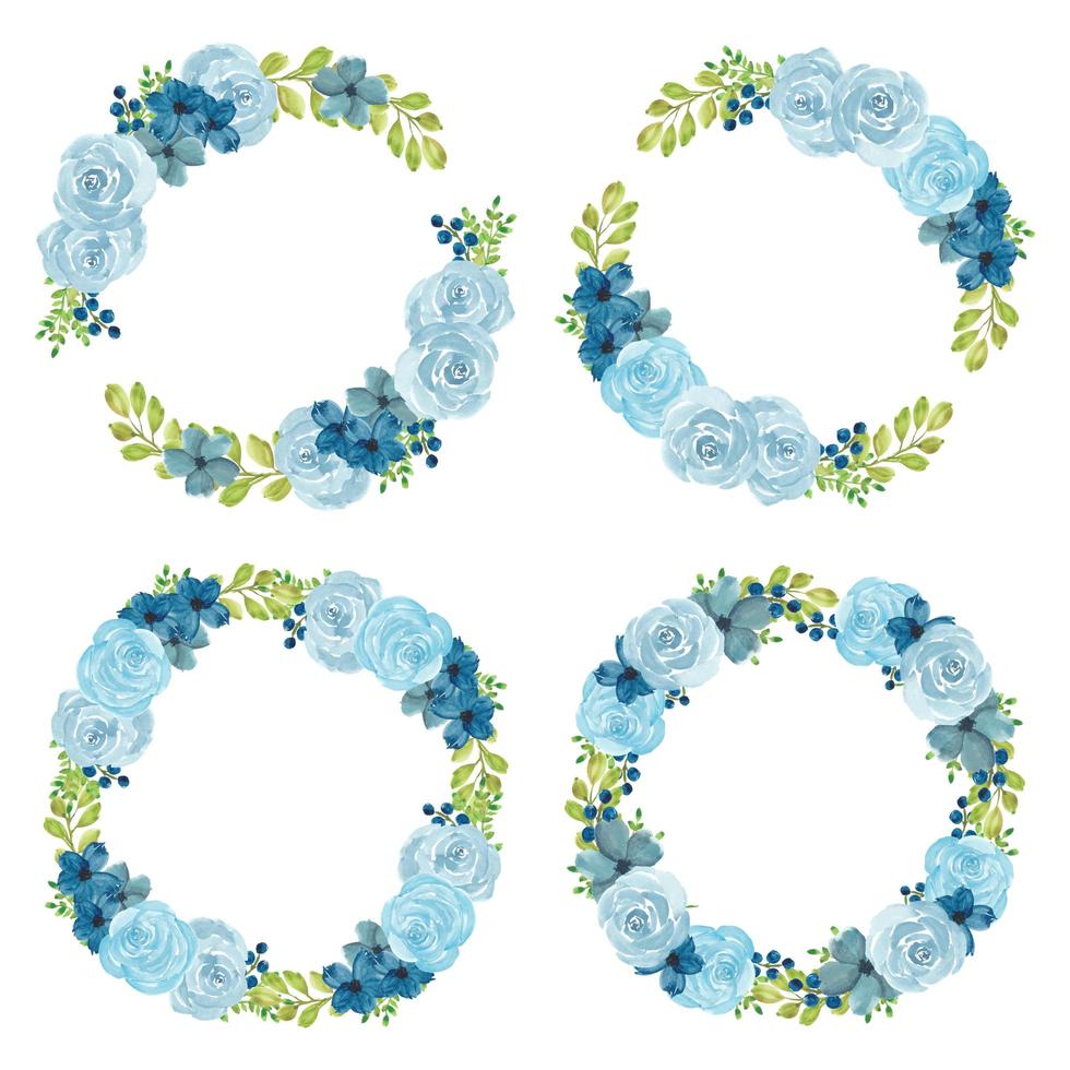 Watercolor blue rose floral wreath set vector