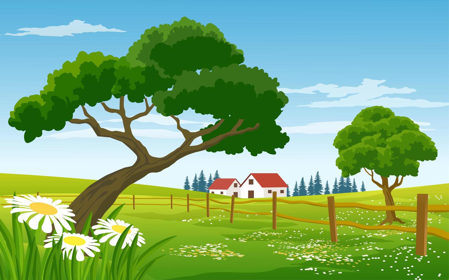 Scenic Countryside Landscape with Farm and Fence vector