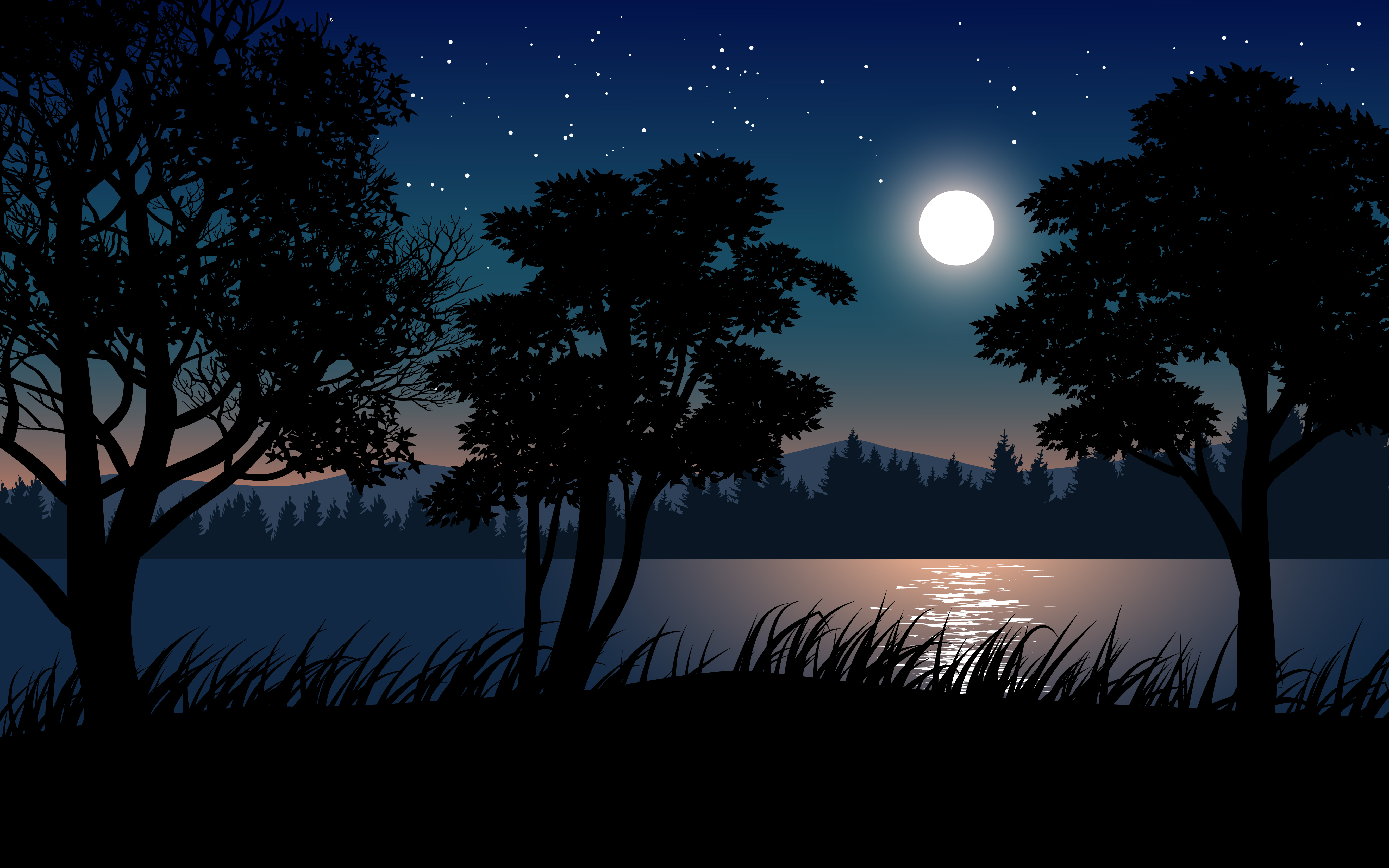 Beautiful Calm Night With Moon Over Lake Vector Art At Vecteezy