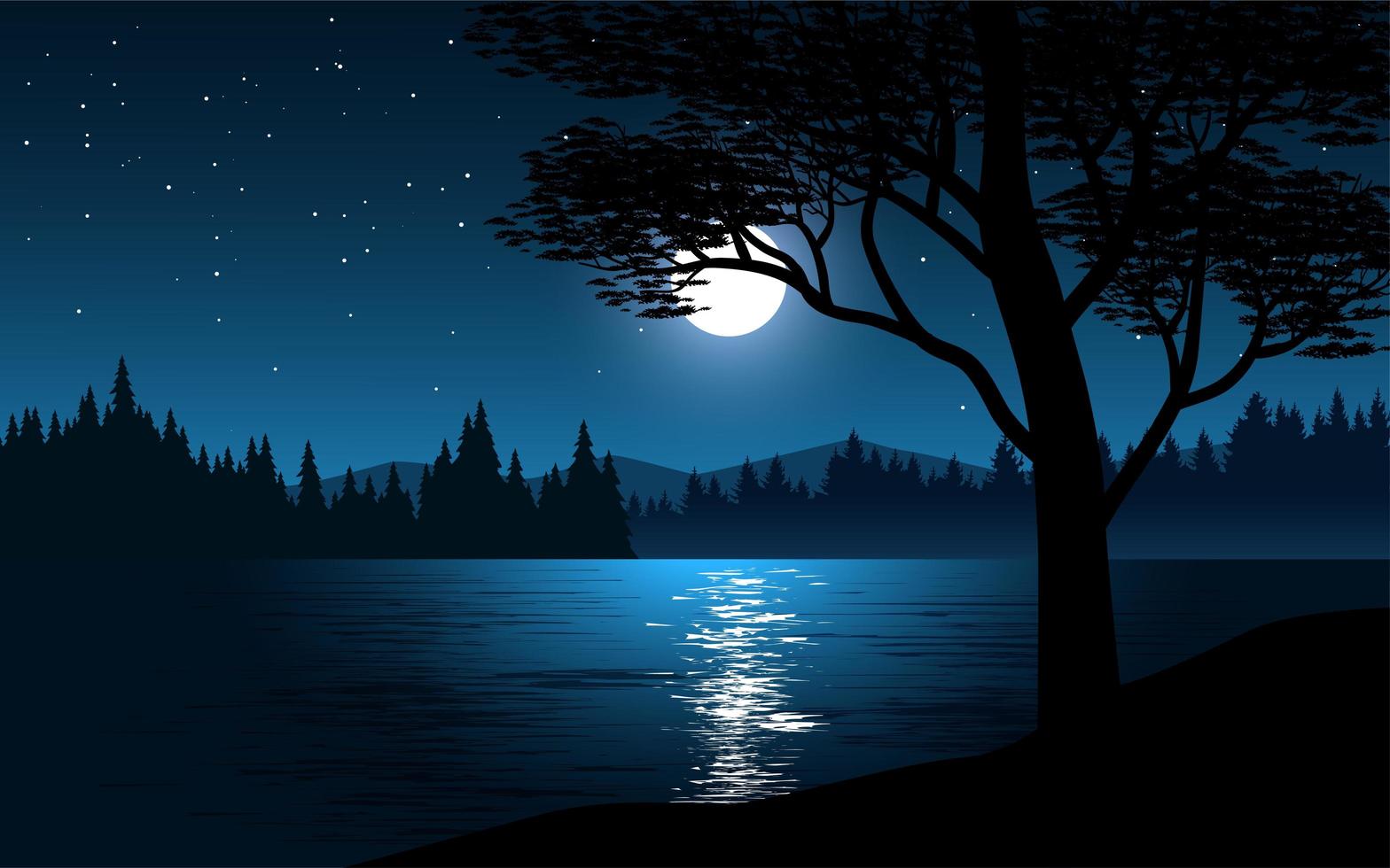 Moon reflection on lake at night vector