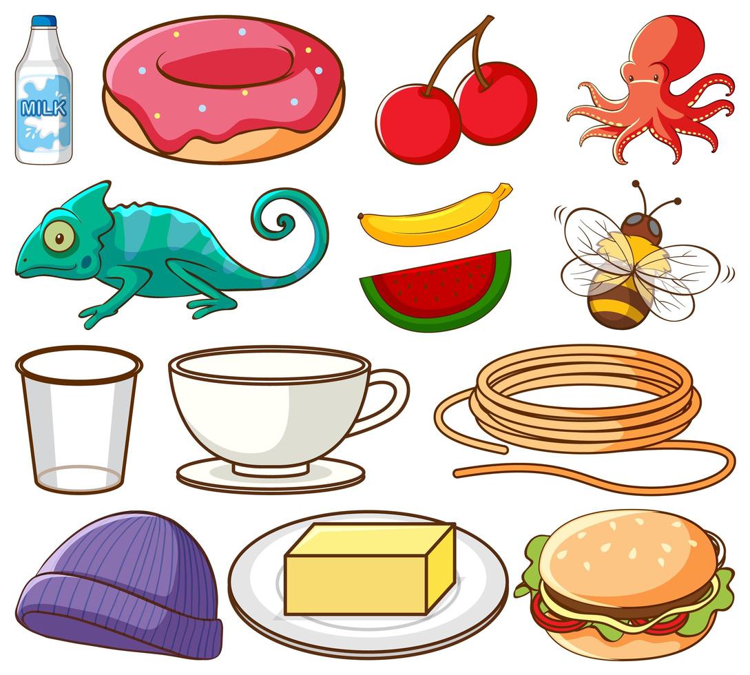 Large Set of Different Food and Other Items on White vector