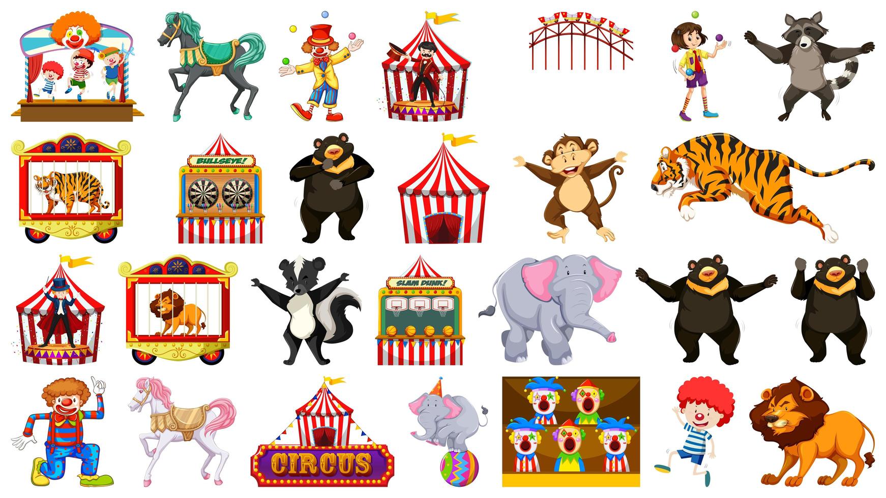 enorme circo con animales, personas, payasos, atracciones vector