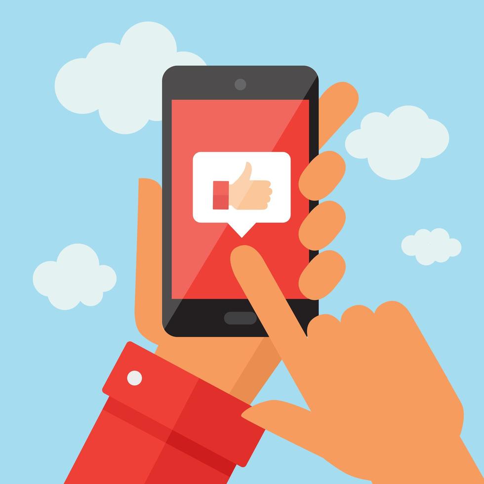 Mobile phone with like symbol on blue sky vector