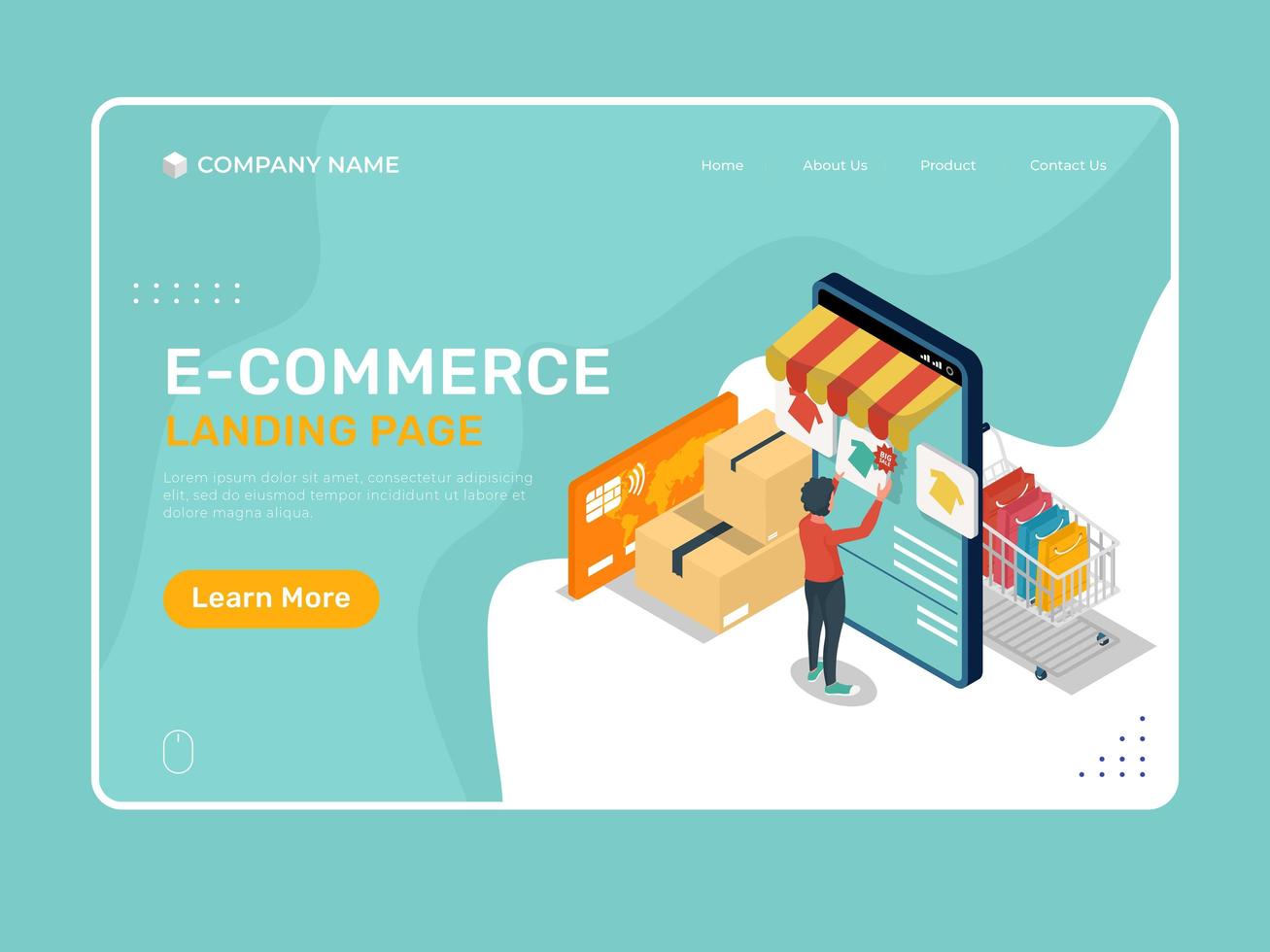 E-commerce landing page with isometric smartphone shopping design vector