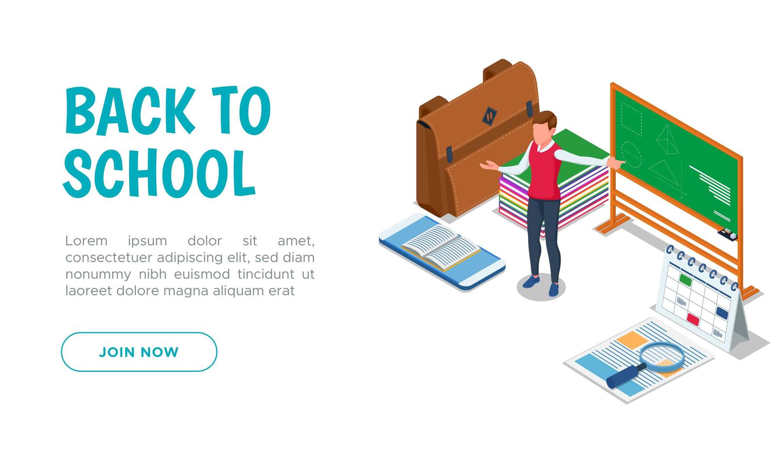 Back to school landing page with teacher at board  vector