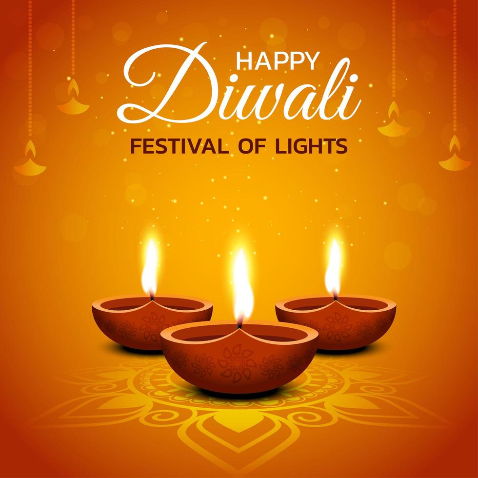 Happy Diwali Design with Lit Oil Lamps on Orange vector