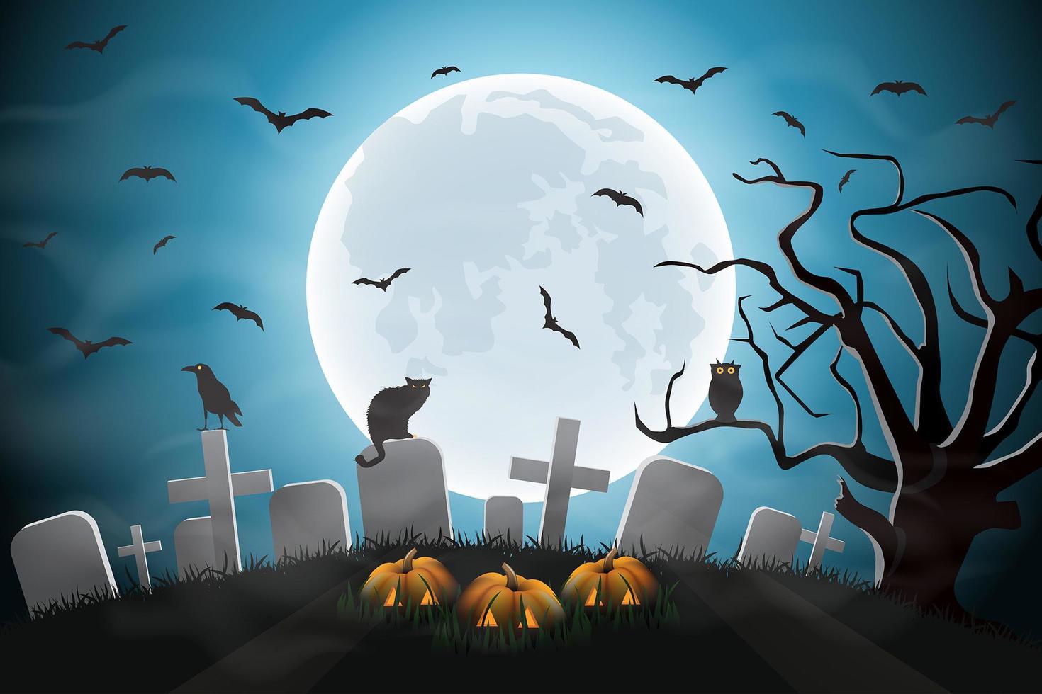 Halloween Night Design with Cemetery vector