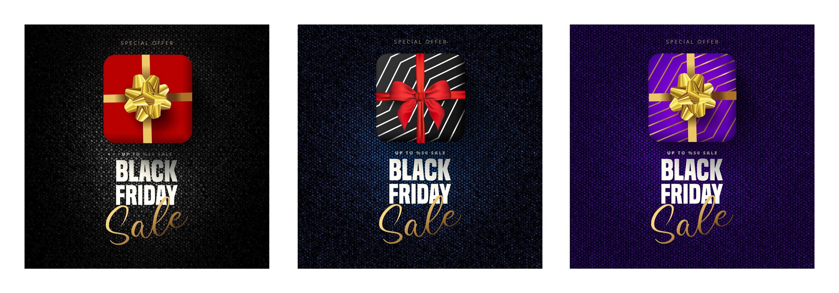Black Friday sale lettering, gift boxes in 3 colors vector