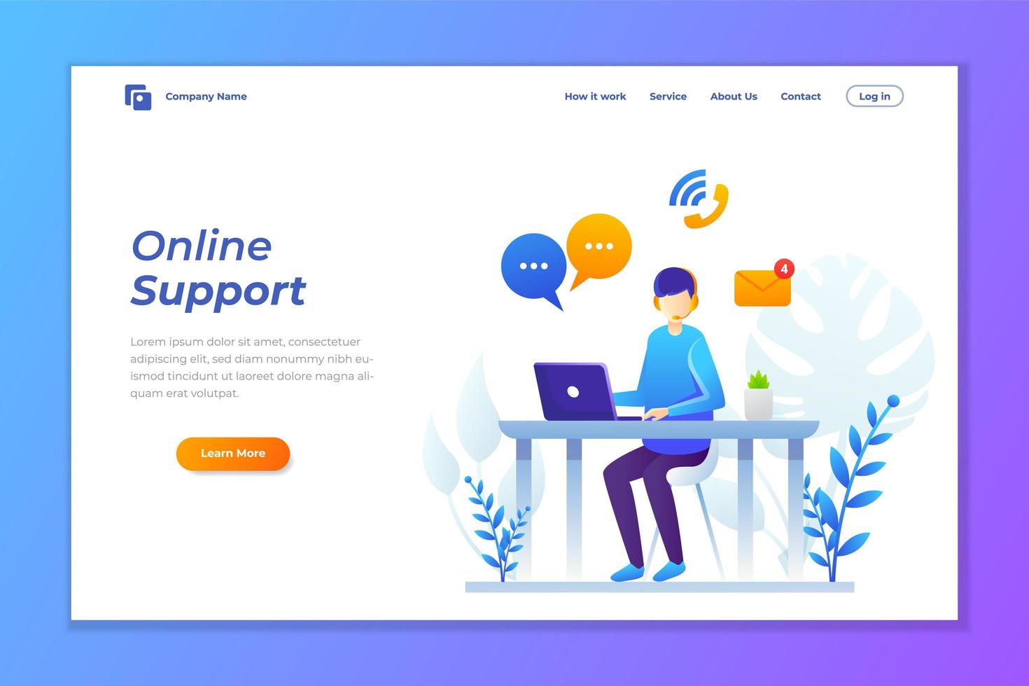 Online support customer services landing page vector