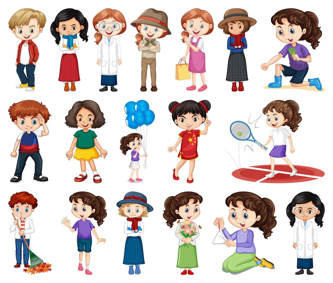 Gran conjunto de niños, niñas en diversas actividades en blanco. vector