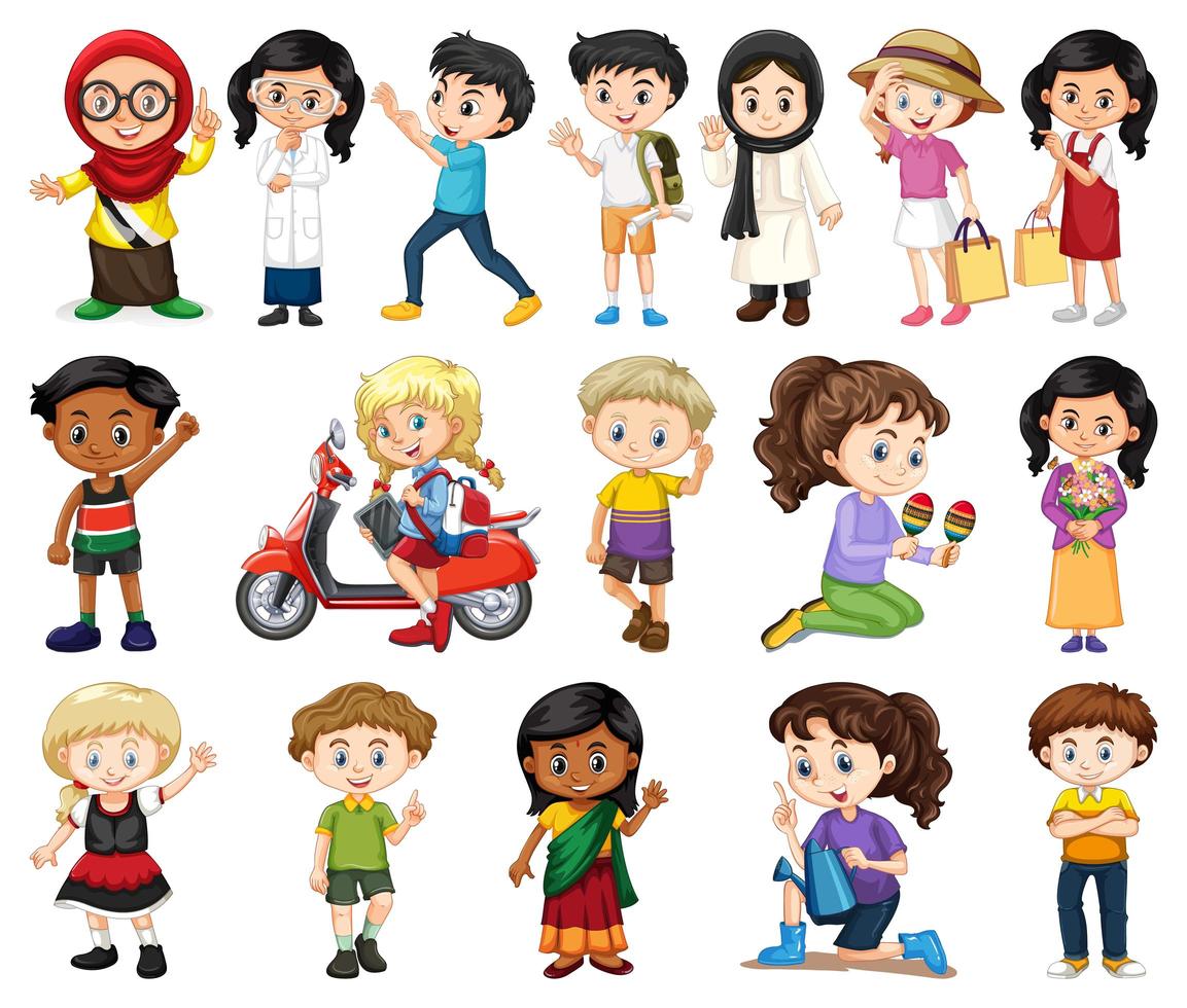 Large Set of Boys, Girls in Various Activities on White vector