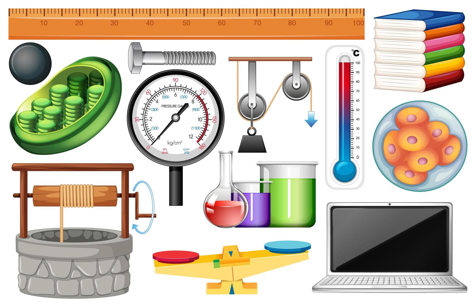 Conjunto de equipos de ciencia sobre fondo blanco. vector