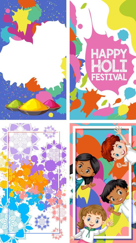 diseño de cuatro fondos con tema del festival holi feliz vector