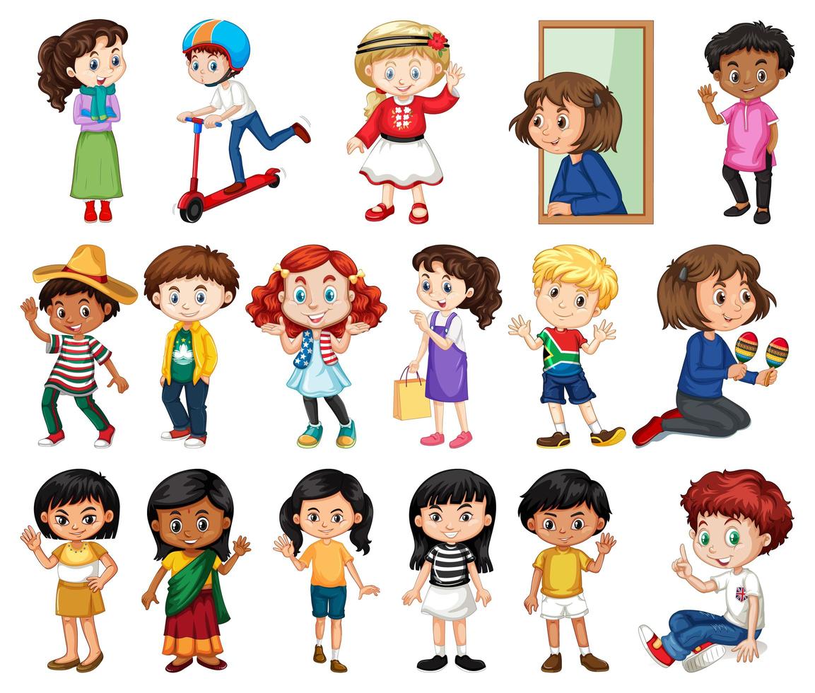 Large Set of Boys, Girls in Various Activities on White vector