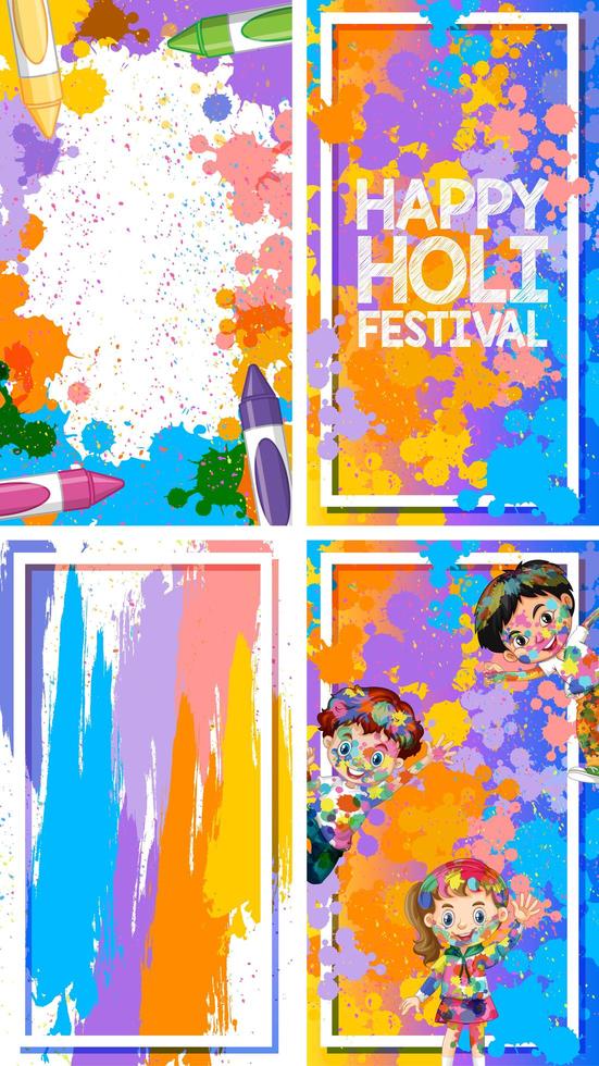 diseño de cuatro fondos con tema del festival holi feliz vector