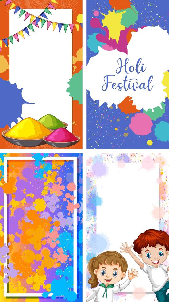 diseño de cuatro fondos con tema del festival holi feliz vector