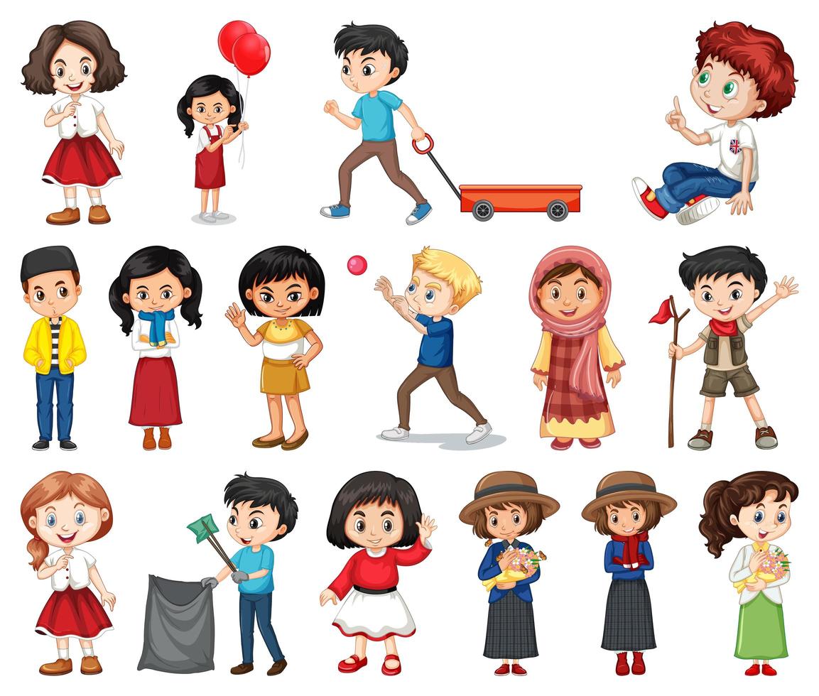 Large Set of Boys, Girls in Various Activities on White vector