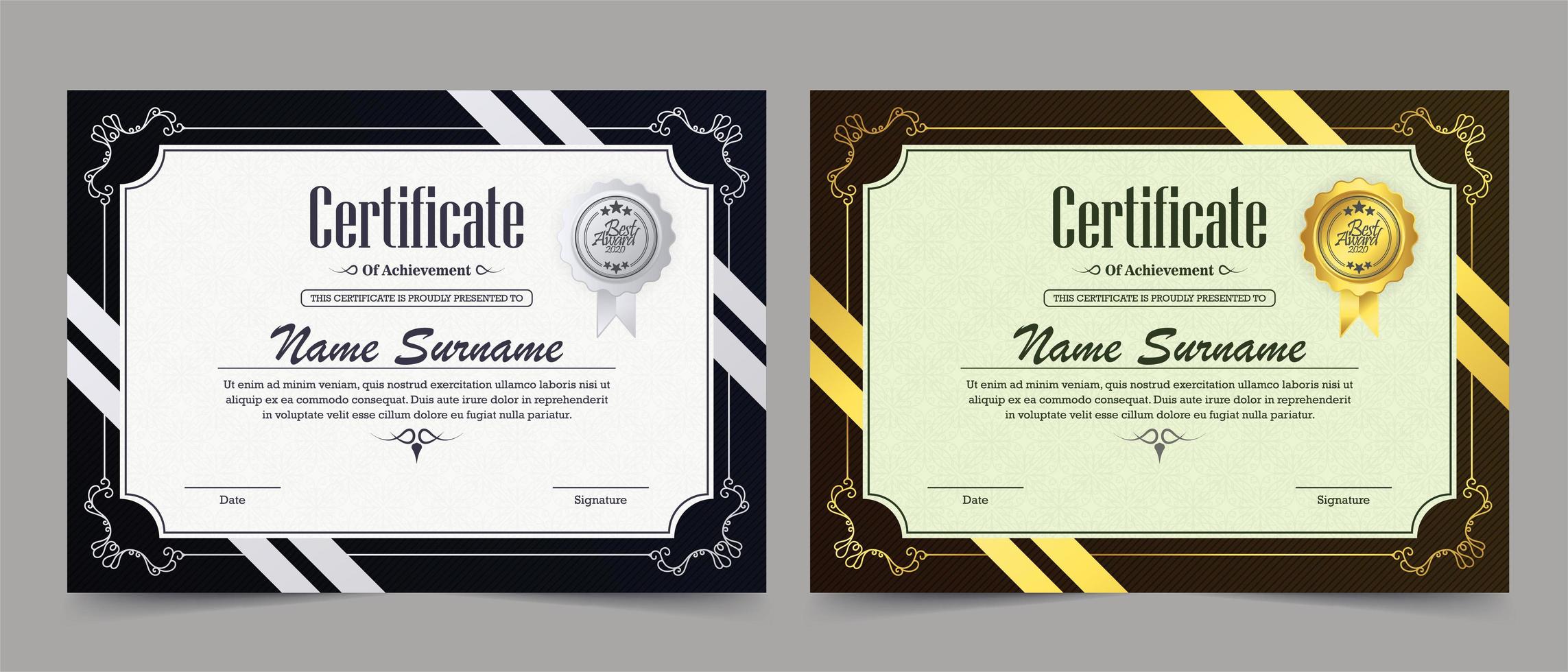 conjunto de certificado clásico de plata y oro vector