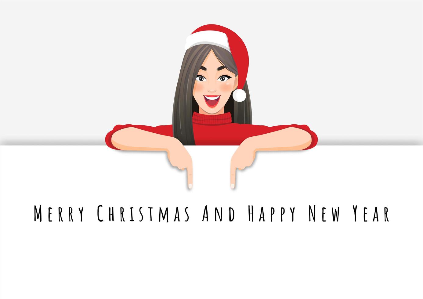 Female in Santa Claus hat standing behind white banner vector