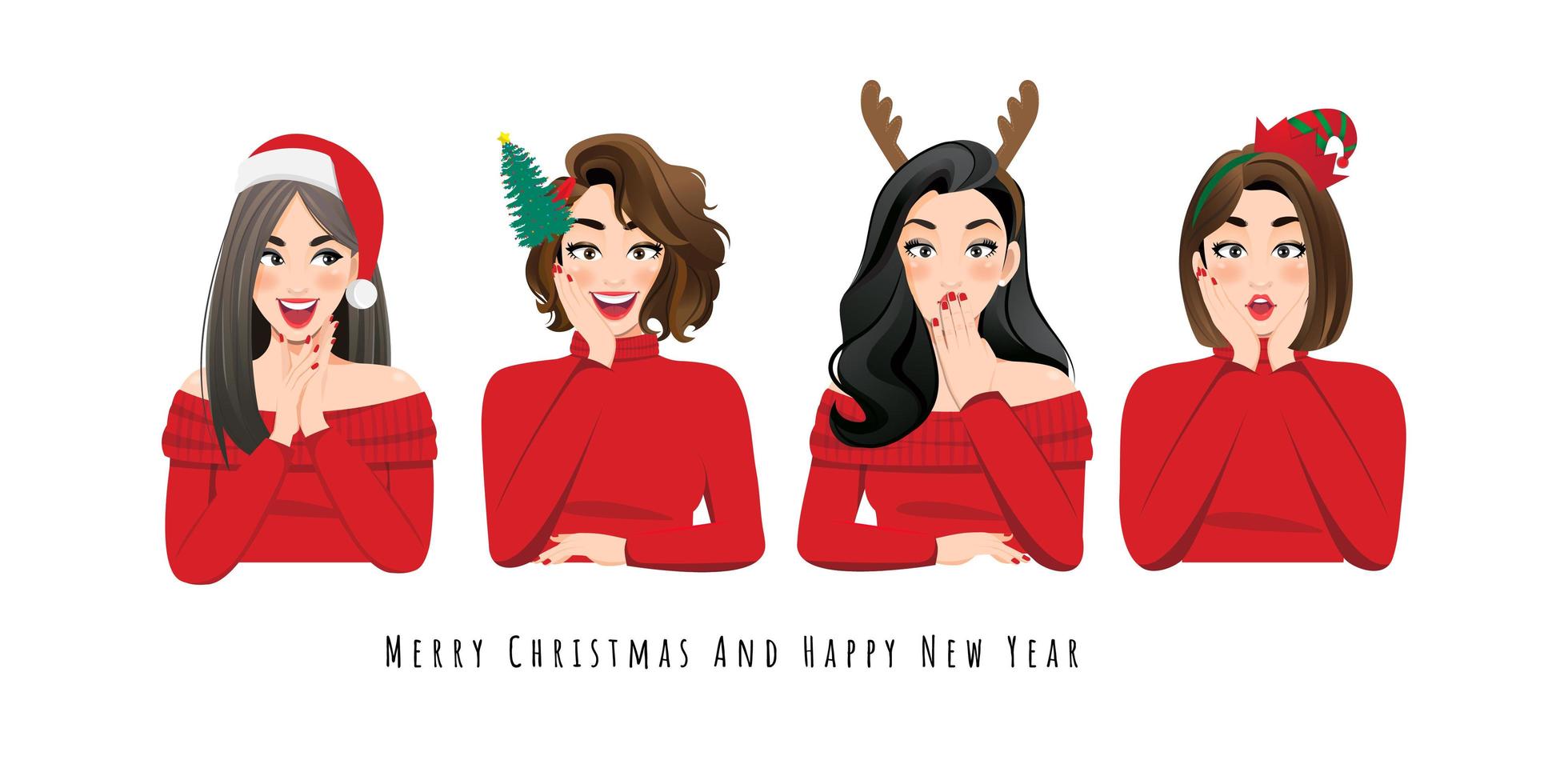 Excited and surprised women in Christmas outfits vector