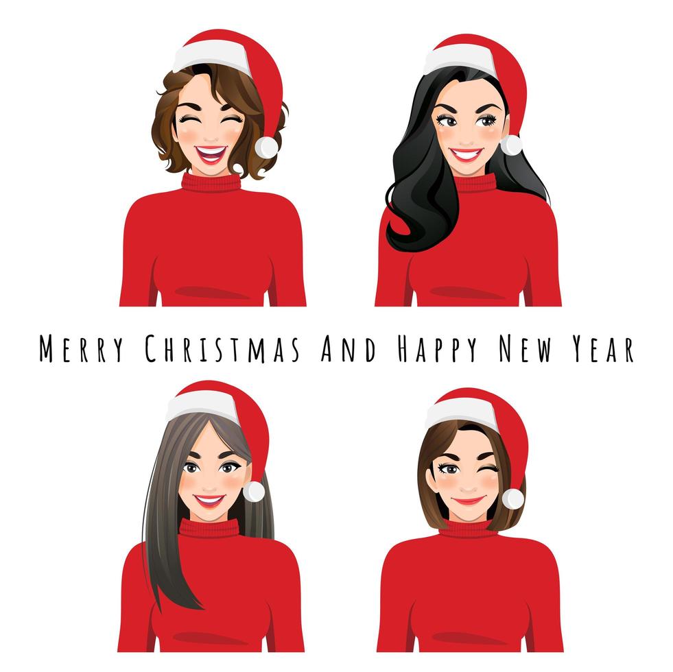 Different facial expressions female set in Santa hats vector